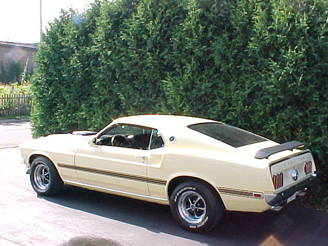 1969 Ford Mustang coupe, cream color, black stripe, rear spoiler, parked outside