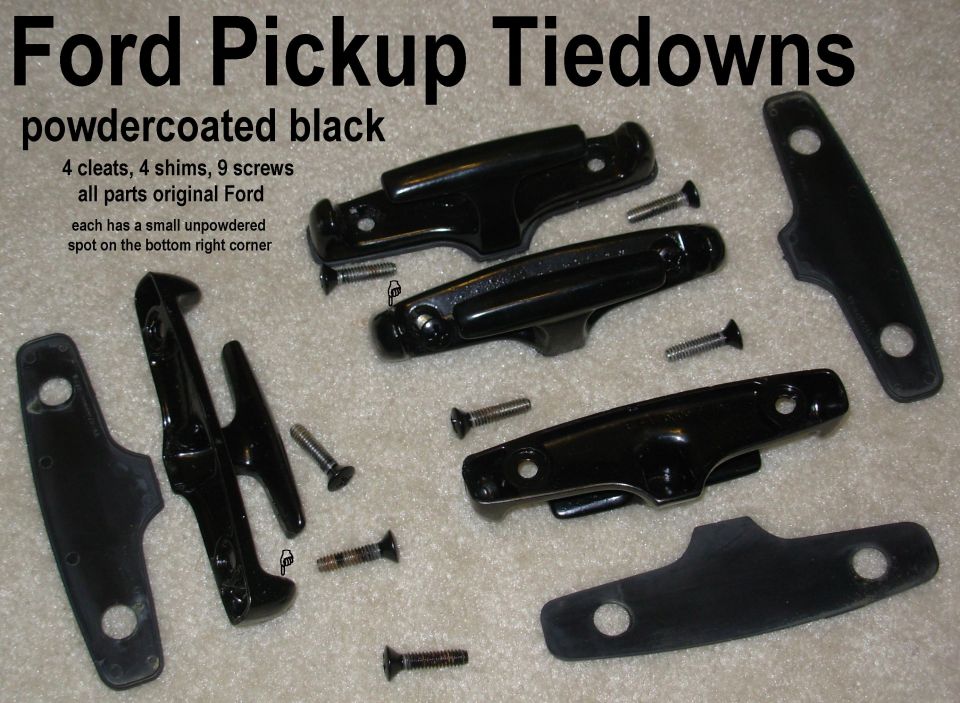 SOLD Tiedowns Powdercoated Black from pre-'83 F-series

All original hardware included, with 1 extra screw.  Note small spot on each bottom corner not powdered due to hanging wire.