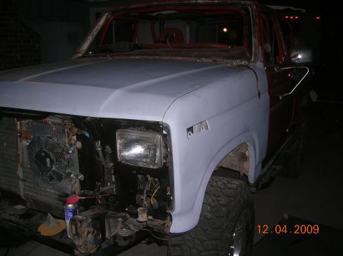 1985 Ford Bronco - This Ford Bronco is in the process of being rebuilt, with its front end prepped for paint.