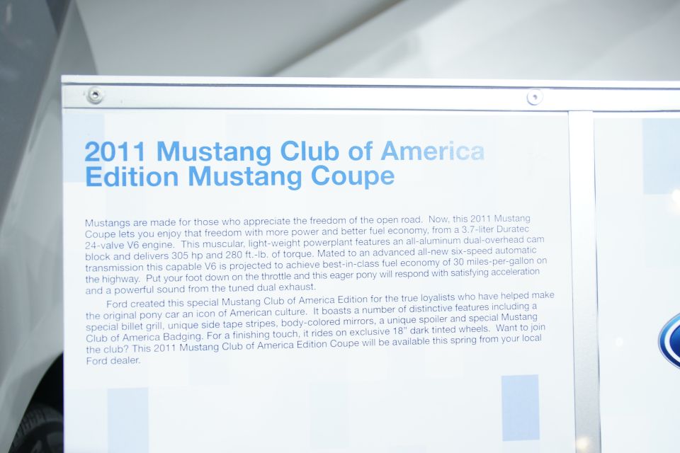 2011 Mustang Club of America Edition Coupe display description with V6 specs