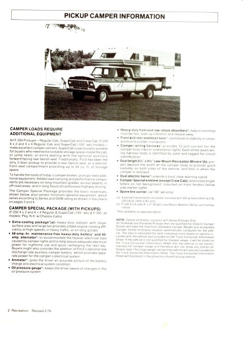 1979 Ford Bronco - Ford recreation brochure page on the Camper Special Package for F-250/F-350 pickups: lists added load-carrying equipment (extra-cooling, he…