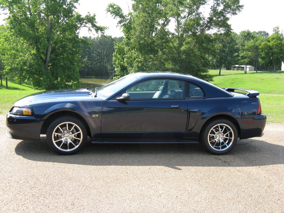 Side view of dark blue Ford Mustang GT coupe with chrome wheels parked on gravel near trees
