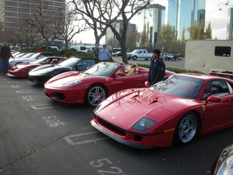 1998 Ford Crown Victoria - Multiple red sports cars are parked in a lot with numbered parking spaces.