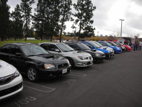 1998 Ford Crown Victoria - Multiple Subaru Impreza WRX models are parked in a row in a parking lot under a cloudy sky.