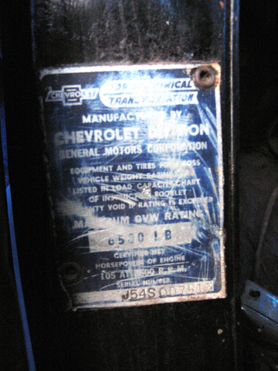 Chevrolet Division vehicle identification plate with VIN J54S007517
