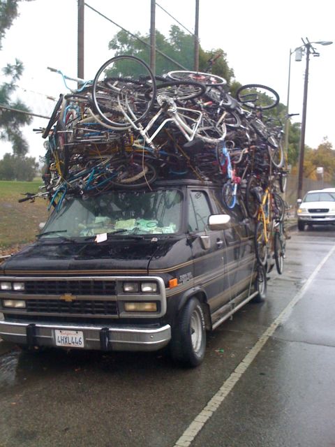 1968 Ford Mustang - This van is carrying an extreme number of bicycles, making it a very unusual sight on the road.