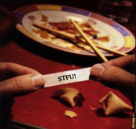 1979 Ford F-150 - Fortune cookie message reads 'STFU!' next to broken cookies and a used plate.
