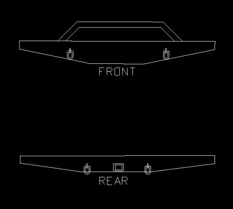 1989 Ford Bronco - CAD line drawing showing front and rear elevation views of a custom tube bumper with mounting tabs.