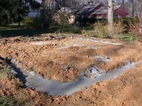 1996 Ford Bronco - Foundation trenches are dug and partially filled with wet concrete at a construction site.
