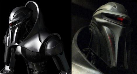 1986 Ford Bronco - Comparison of two distinct robotic helmet designs against a dark background.