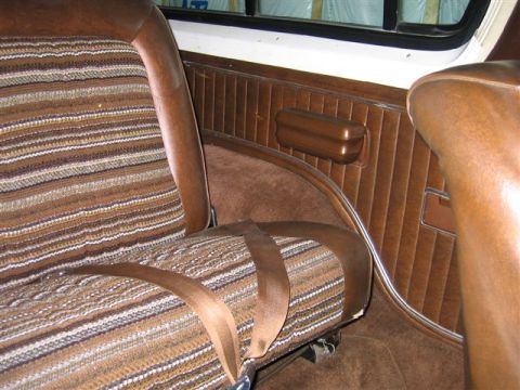 1978 Ford Bronco - Interior view of a 1978 Ford Bronco, highlighting the distinctive striped seat fabric and brown trim.