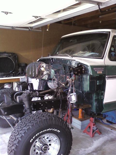 1978 Ford Bronco - This 1978 Ford Bronco is in a garage with its front end disassembled for work.
