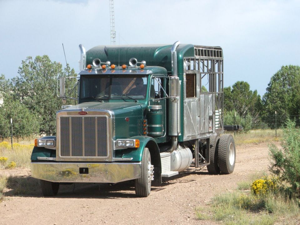 Dark green Peterbilt semi truck with chrome stacks parked on dirt lot