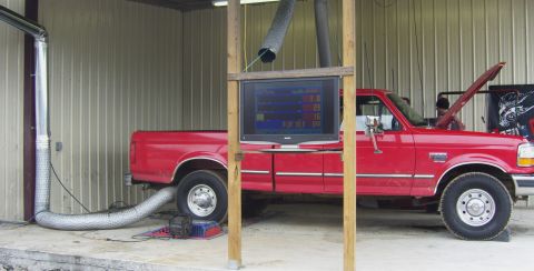2007 Ford Mustang - Red Ford F-Series truck undergoing dynamometer testing with an exhaust extraction system.