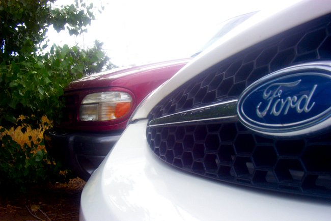 White Ford Taurus grille with honeycomb pattern and blue Ford logo, parked next to a red SUV