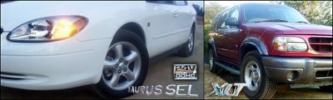 2000 Ford Taurus - A white Ford Taurus SEL and a red SUV are shown together, with the Taurus on the left and the SUV on the right.