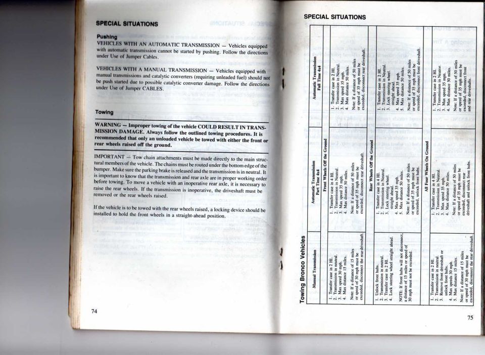 Owner's manual Special Situations pages on pushing and towing with a Towing Bronco Vehicles chart
