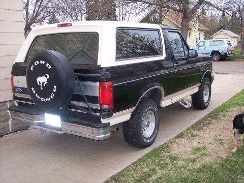 1992 Ford Bronco - A black and tan 1992 Ford Bronco is parked on a driveway, with another light blue SUV in the background.