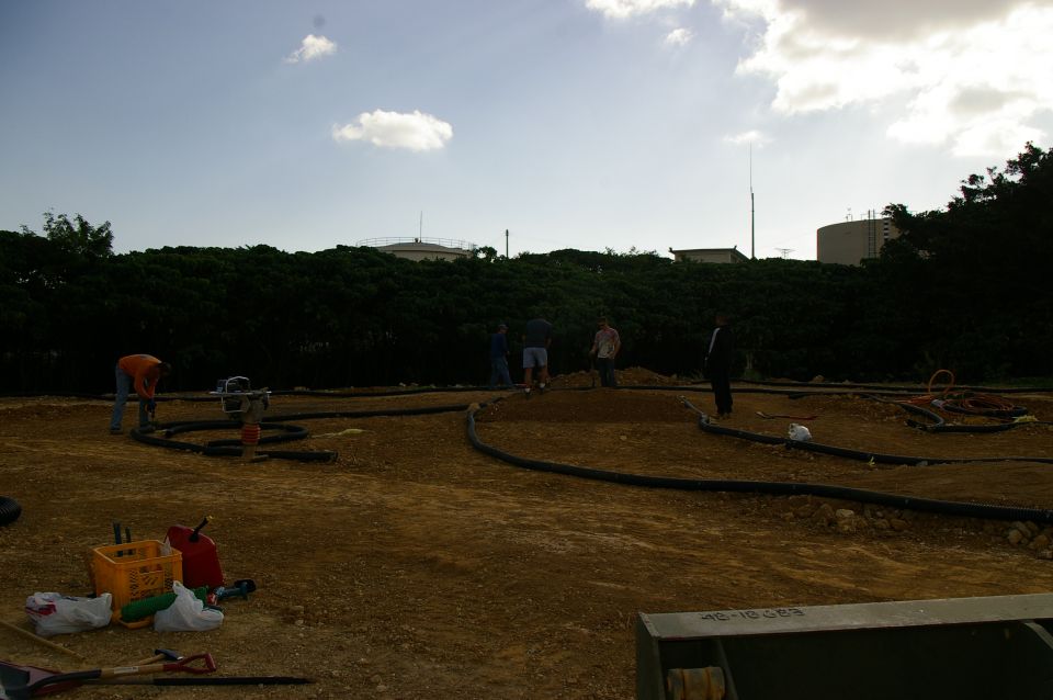 RC car track being built with people working and equipment on site