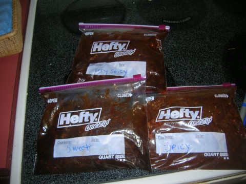 1996 Ford Bronco - Three bags of food, labeled 'Very Spicy', 'Sweet', and 'Spicy', are stored on a kitchen stovetop.