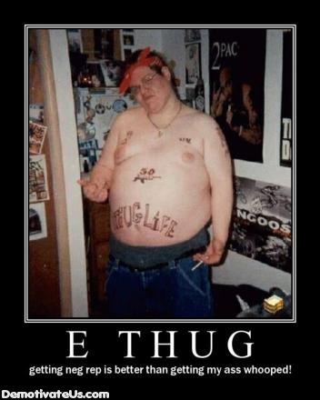 1989 Ford F-150 - This image features a man with several tattoos, including 'THUG LIFE' across his abdomen, and a demotivational poster format.