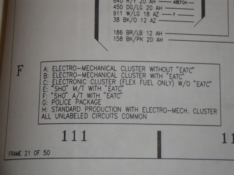 Wiring diagram manual page with wire color codes and cluster circuit legend, frame 21 of 50