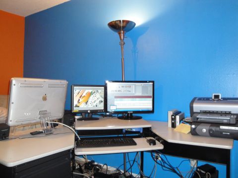 1993 Ford Taurus - A home office scene a dual-monitor computer setup with a printer and a floor lamp.