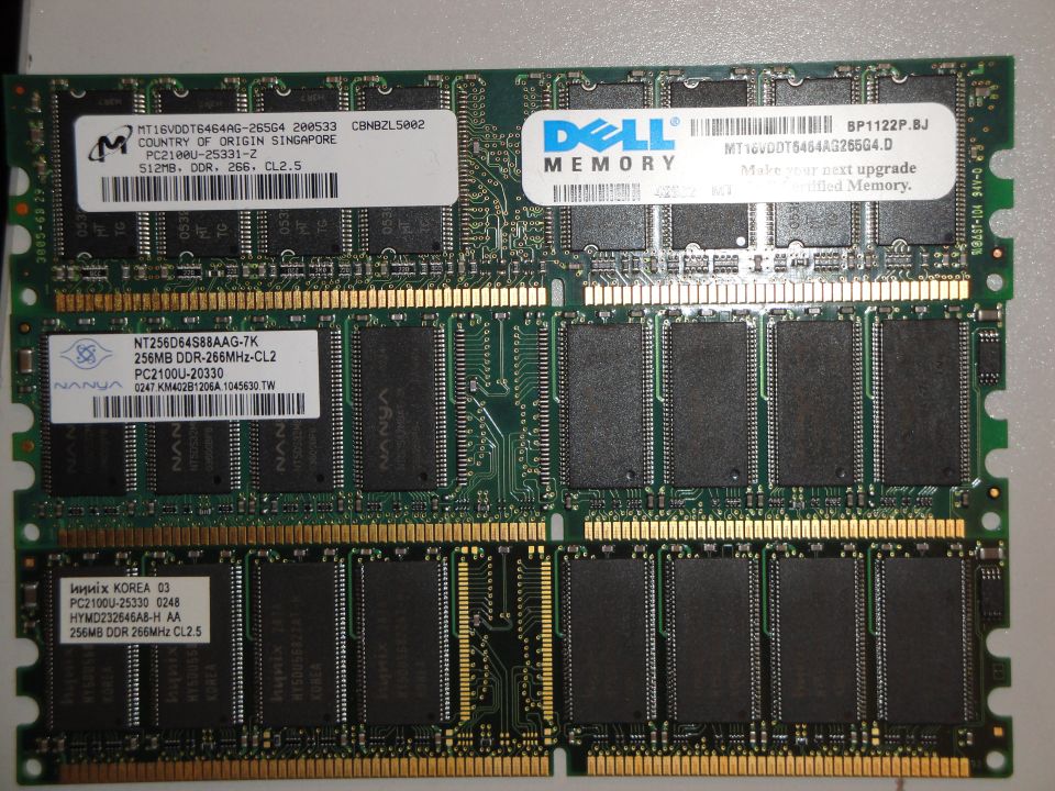 Computer RAM modules with Dell and Nanya branding, showing labels with specifications