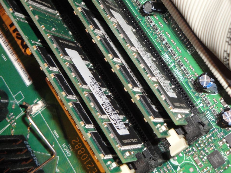 Computer motherboard with four RAM modules installed