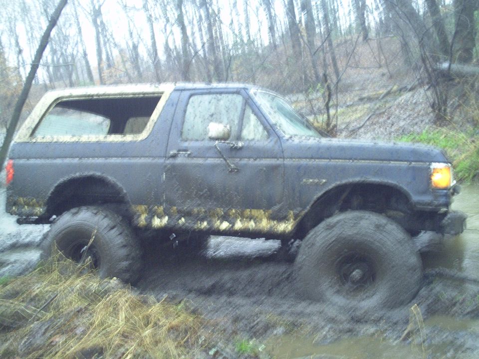 Muddy Ford Bronco with large tires stuck in a wooded area