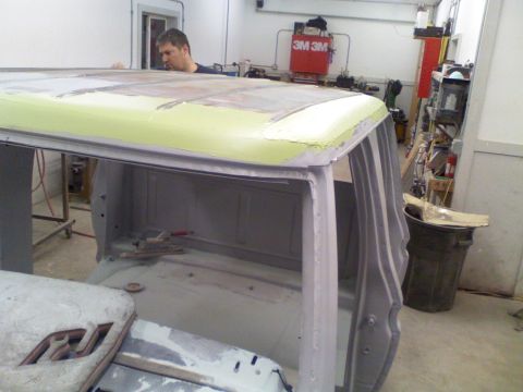 1979 Ford F-250 - This 1979 Ford F-250 cab is being prepped for paint, with primer and filler applied to the roof.