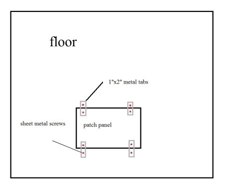 1990 Ford Bronco - Repair diagram showing a floor patch panel secured with 1x2 inch metal tabs and sheet metal screws.