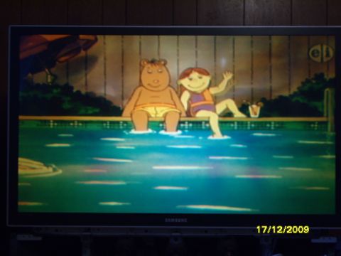 1989 Ford Bronco - A television displays an animated scene of two characters sitting on the edge of a swimming pool.