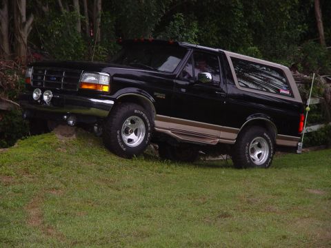 1996 Ford Bronco - This 1996 Ford Bronco is captured in a three-quarter front view, positioned on a grassy slope with trees in the background.