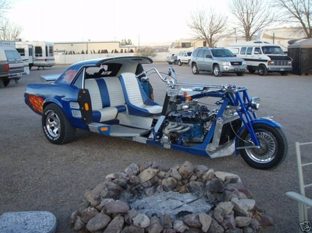 1978 Ford Mustang II - Custom trike built using a car body and motorcycle front end, with a V8 engine visible.