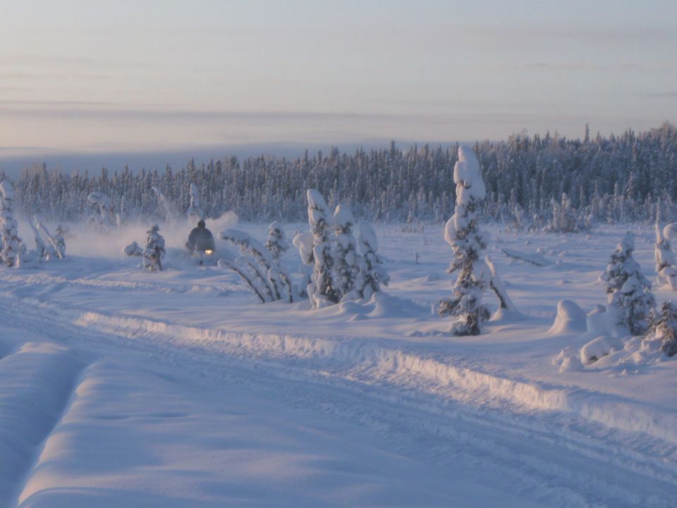 Snowmobile kicking up snow on a winter trail