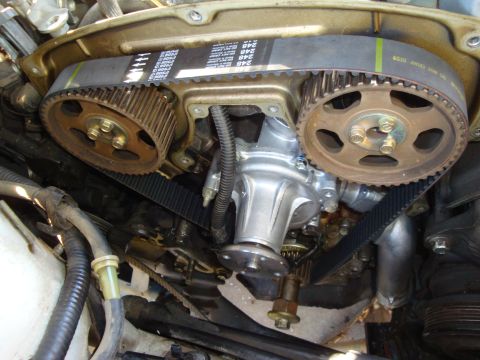 1992 Ford Taurus - Close-up view of an engine's timing belt and water pump components.