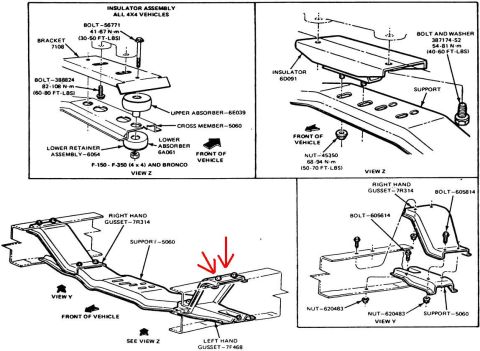1982 Ford Bronco - Technical diagram illustrates the insulator assembly and frame components, including gussets and supports, for 4x4 vehicles.