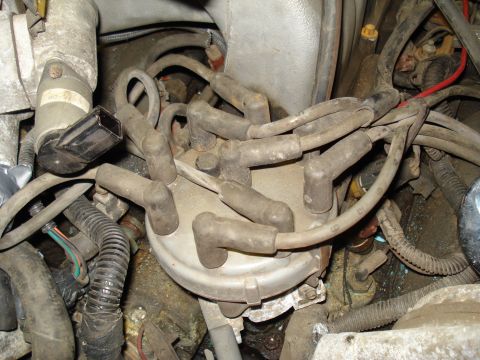 1991 Ford Bronco - Close-up view of a vehicle's distributor cap and spark plug wires, part of the ignition system.