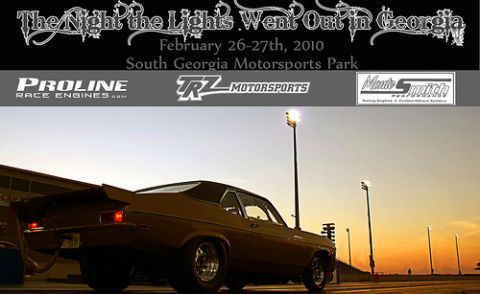 1992 Ford Mustang - A classic muscle car is viewed from the rear at sunset, likely at a drag strip.