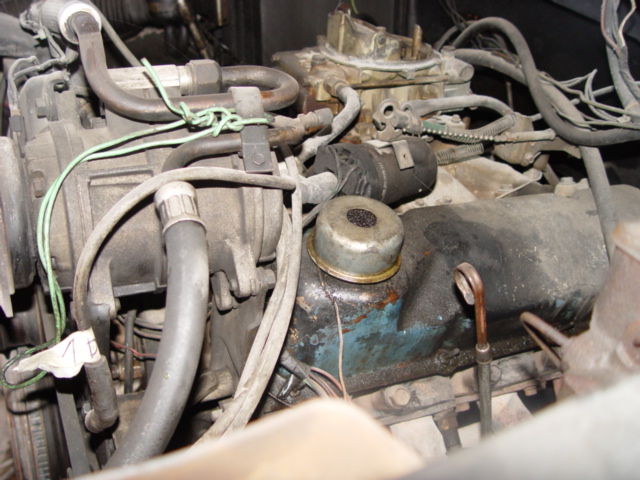 Engine bay with carburetor, hoses, and wiring. Blue valve cover visible