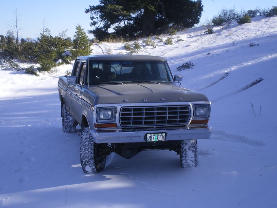1979 Ford F-350 truck with large tires in snow, front view. License plate 087 EFV
