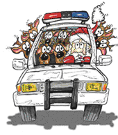 1991 Ford Crown Victoria - Cartoon police car decorated for Christmas with Santa, reindeer, and dogs.