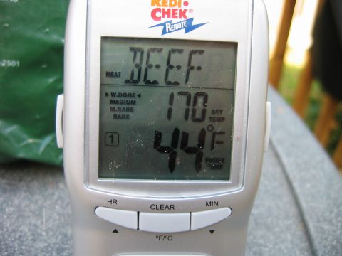 1992 Ford Bronco - Digital meat thermometer displays beef temperature at 170F and probe temperature at 44F.