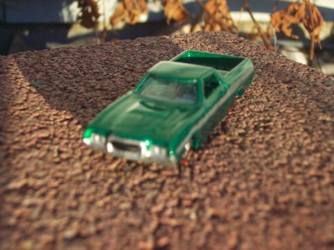 1972 Ford Ranchero - A small green toy pickup truck is positioned on a rough, brown surface, with dried leaves visible in the blurred background.