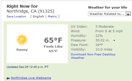 1993 Ford Taurus - A weather report for Northridge, CA indicates sunny skies with a temperature of 65 degrees Fahrenheit.