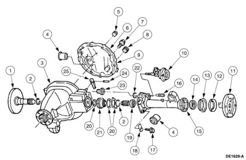 2007 Ford Mustang - Exploded parts diagram of a differential carrier, pinion, bearings and yoke with numbered component callouts.