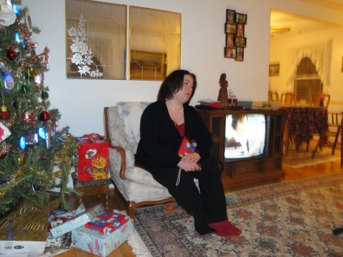 2000 Ford Crown Victoria - A woman sits in an armchair, watching television in a room decorated for Christmas.