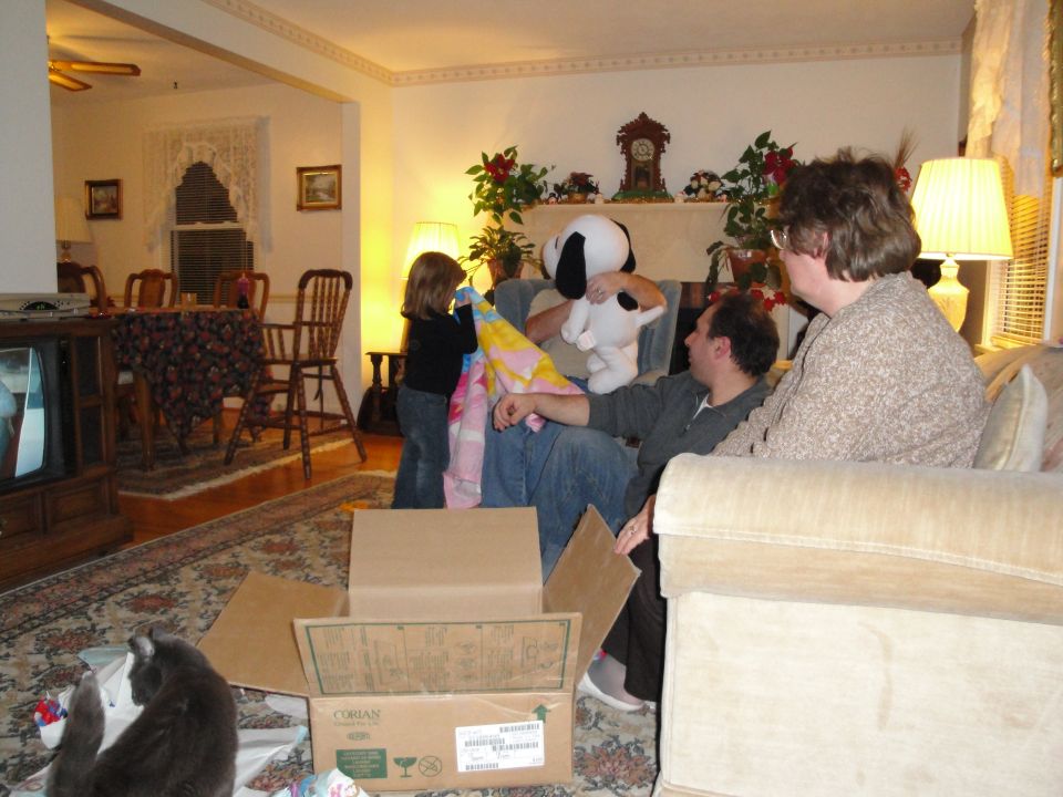 Living room scene with people opening gifts, a cat on the floor, and a television on