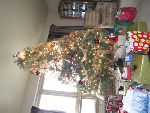 2000 Ford Crown Victoria - A festive Christmas tree stands adorned with lights and ornaments, with a collection of wrapped gifts piled around its base.
